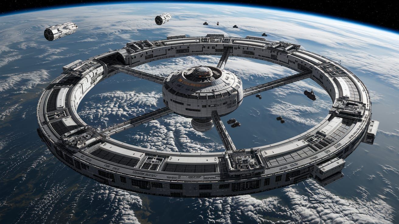 Massive Space Station in Orbit Around a Blue Water Planet