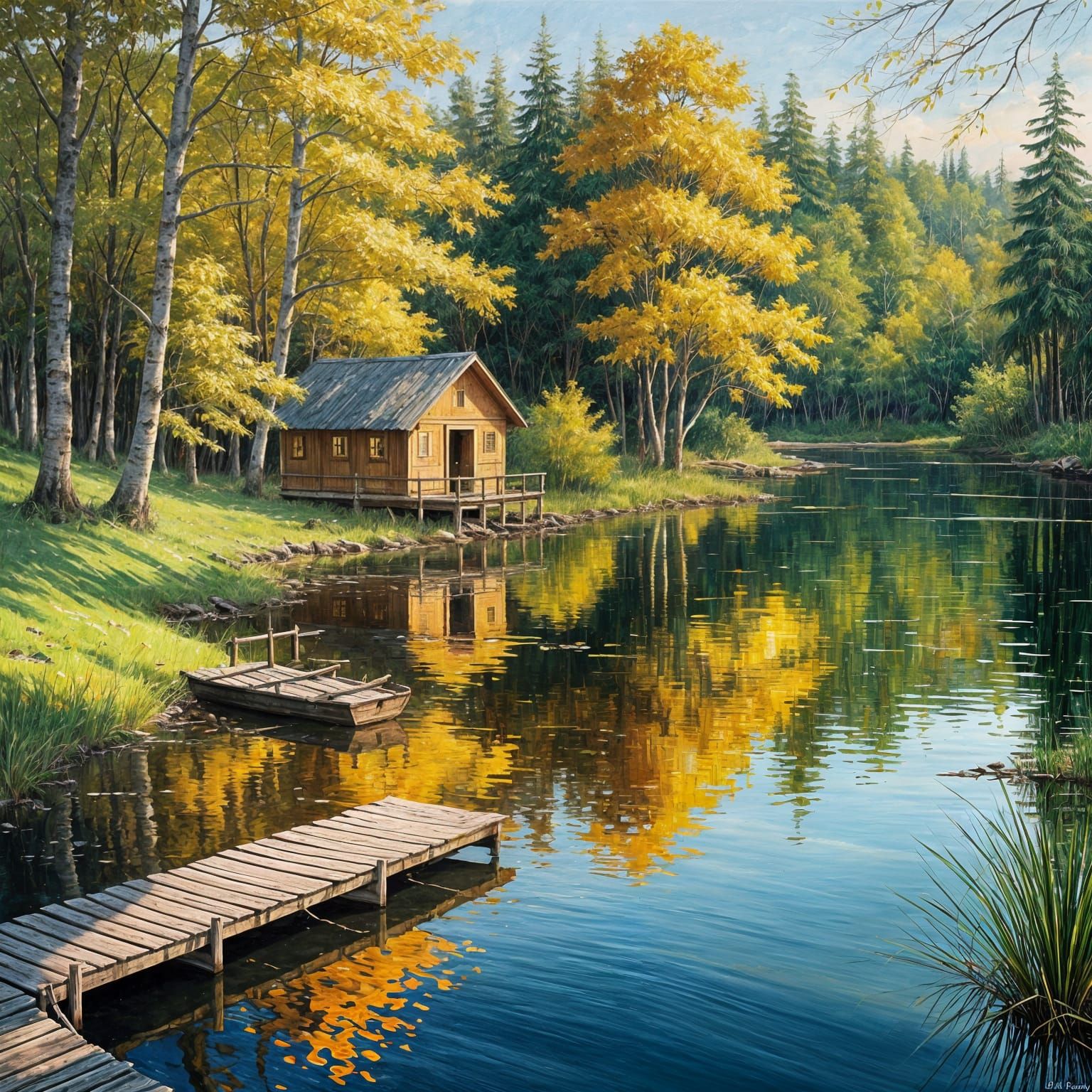 Autumn Lake Cabin in Golden Light, Oil Painting
