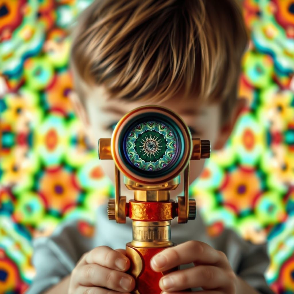 child watching kaleidoscope art through lens of toy binocula...