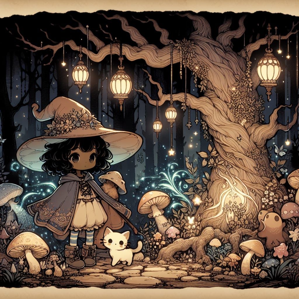Enchanted Forest Scene with Witch and Cat
