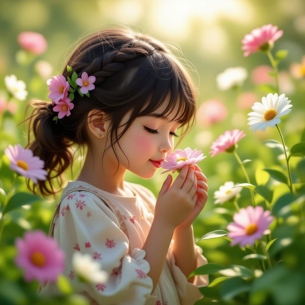 Girl Smelling Flower in Vibrant Anime Garden