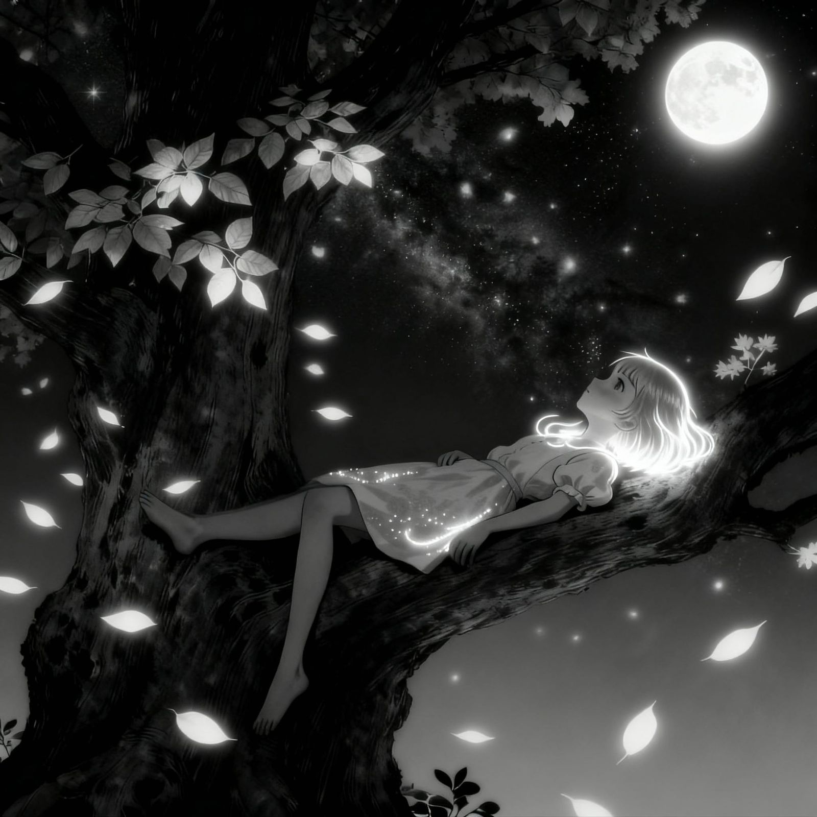 Luminous Moonlit Girl in Black and White