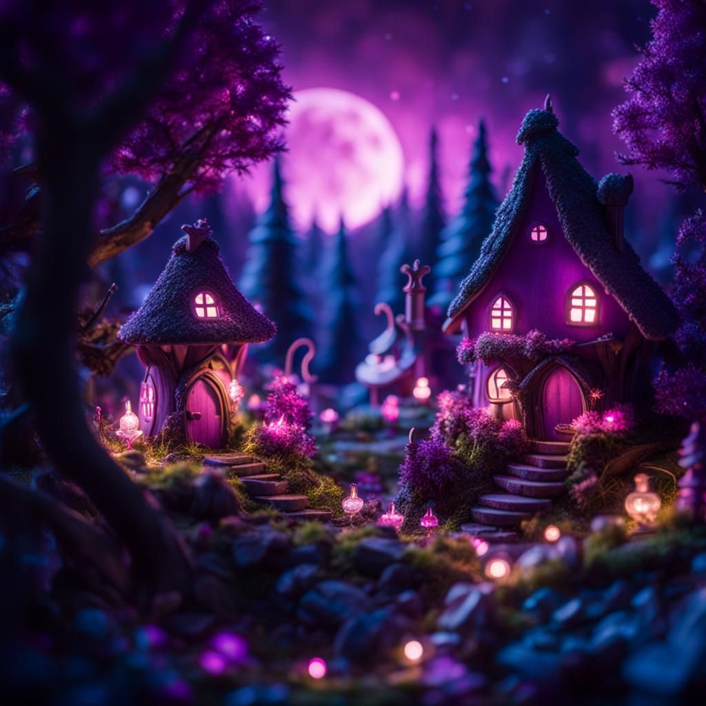 Mythical Fairy Village Forestscape with Night Sky