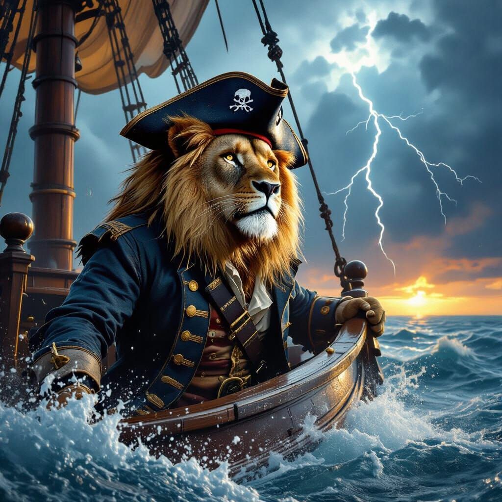 Lion Pirate Captain at Stormy Helm, Cinematic Style