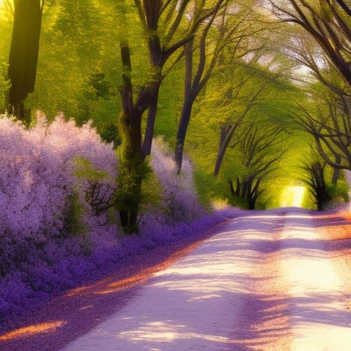 Sunlit Country Road with Azaleas in Bloom