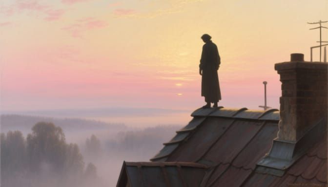 Lone Figure on Rooftop at Dawn in Ethereal Light