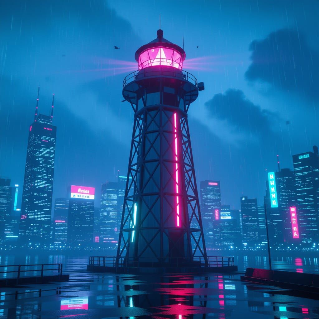 Cyberpunk Lighthouse Against Stormy Cityscape