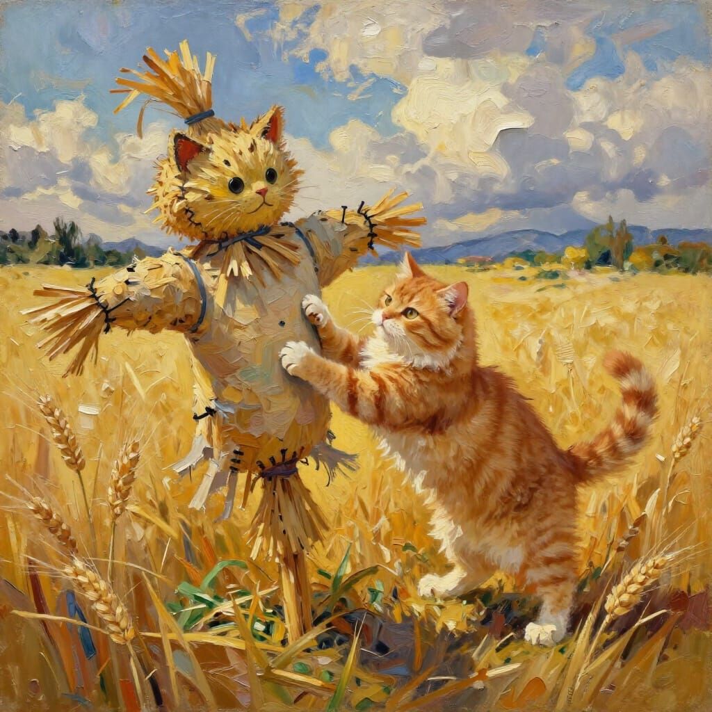 Ginger Cat Attacks Scarecrow in Golden Wheat Field