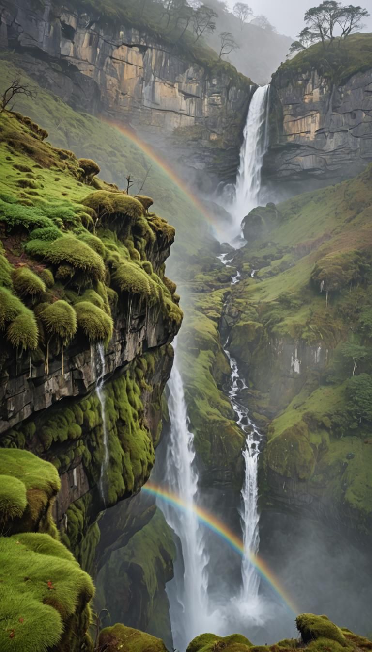 Majestic Waterfall Scene with Rainbow Mist