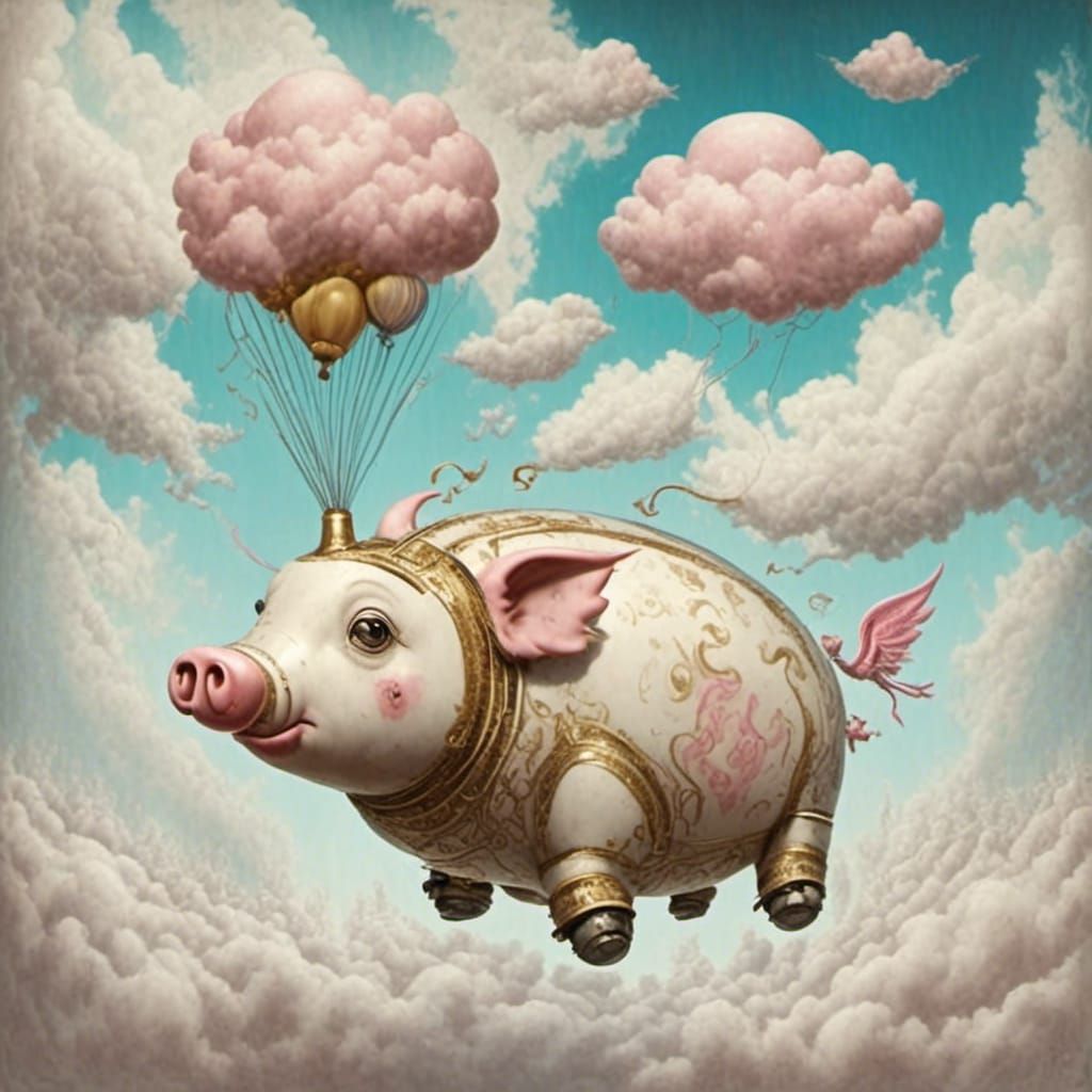 Cute Robot Flying Pig Soaring in Clouds