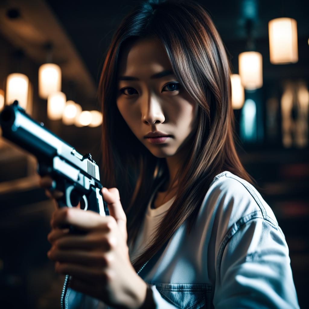 Fierce Japanese Woman with Pistol in Hotel Lobby
