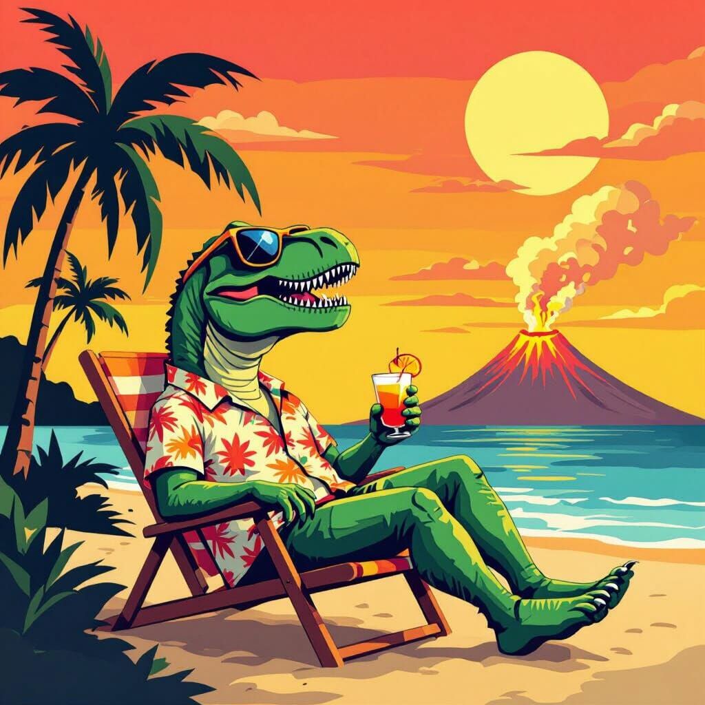 T-Rex on Vacation in Flat Vector Design