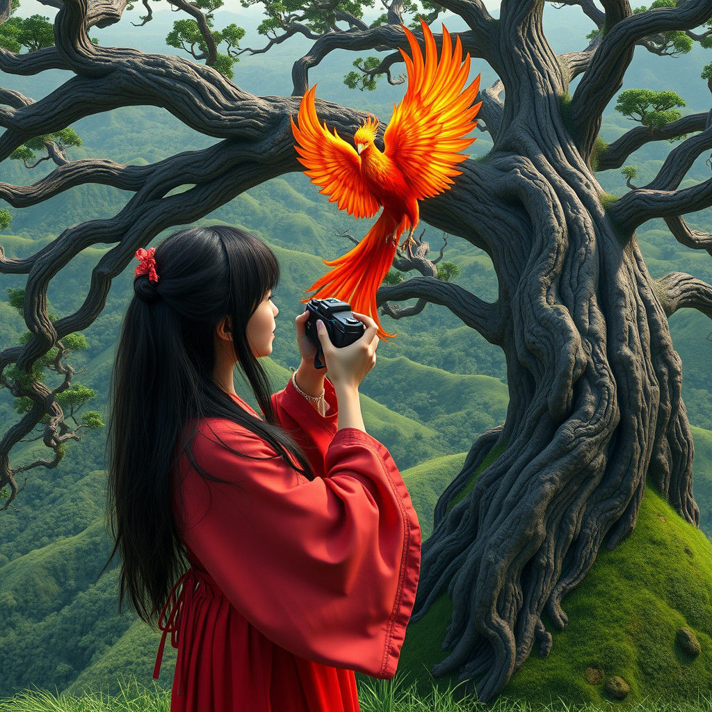Girl Captures Phoenix Selfie in Lush Landscape