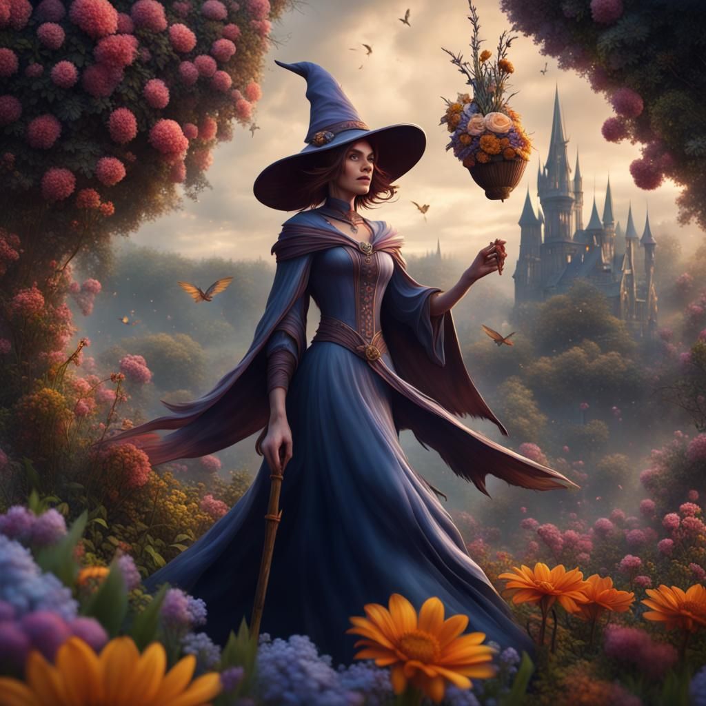 Good Witch Soaring Above Flowers in Matte Painting