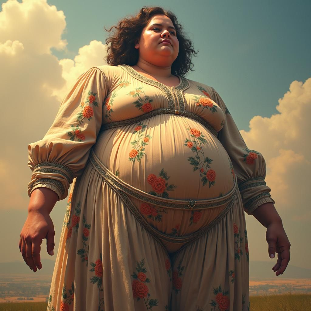 Monumental Woman in Floral Dress, Hyperrealistic Rendering