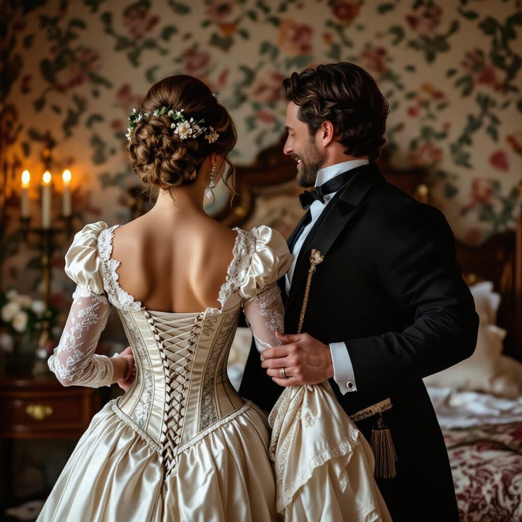 Victorian Couple in Opulent Bedroom - Oil Painting