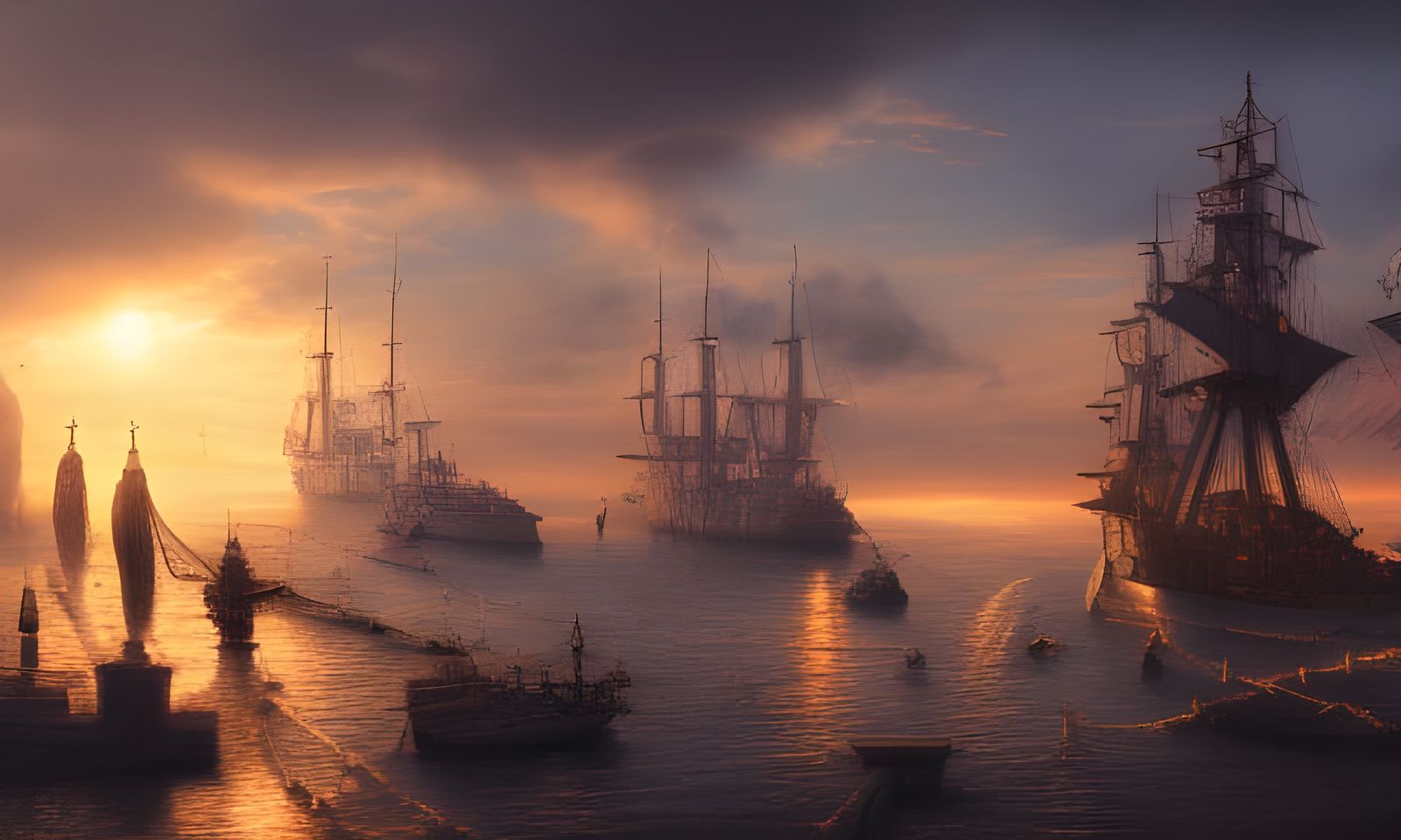 Steampunk Docks at Sunset: Detailed Matte Painting