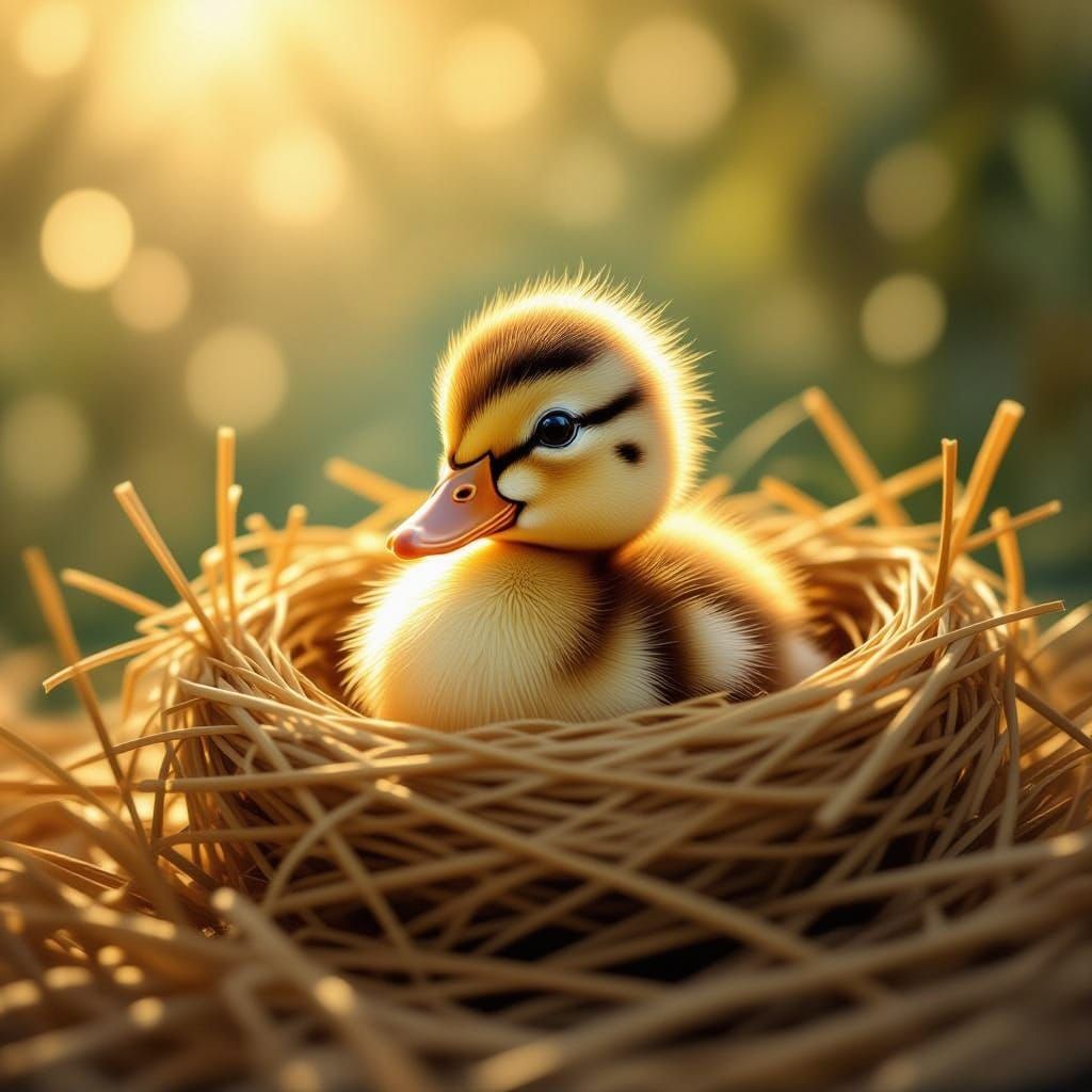 Fluffy Duckling Peeking from Straw Nest with Golden Hour Glo...