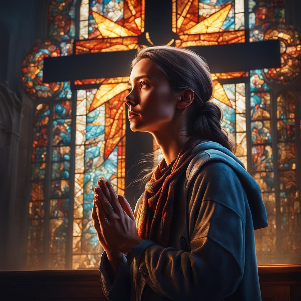 Woman Praying in Church: Hyperrealistic Splash Art