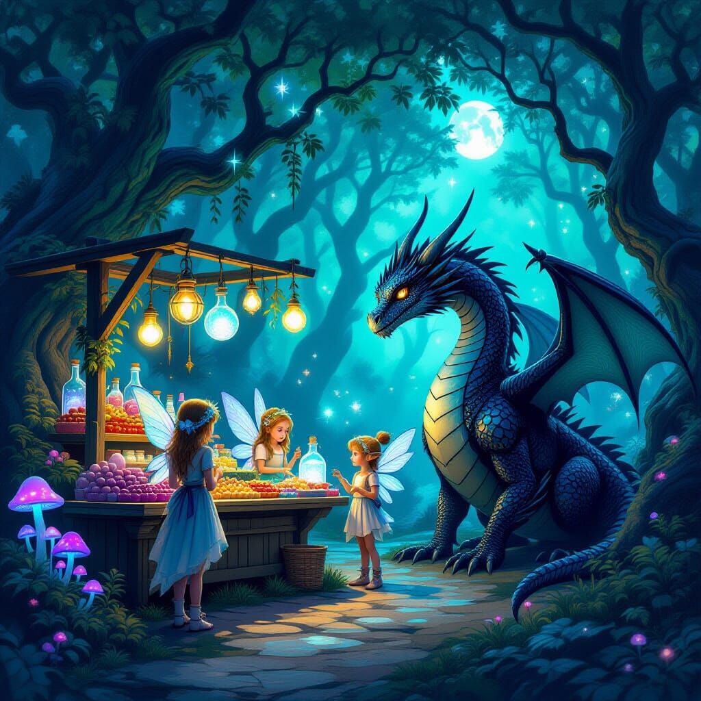 Enchanted Fairy Farmstand in Bioluminescent Forest