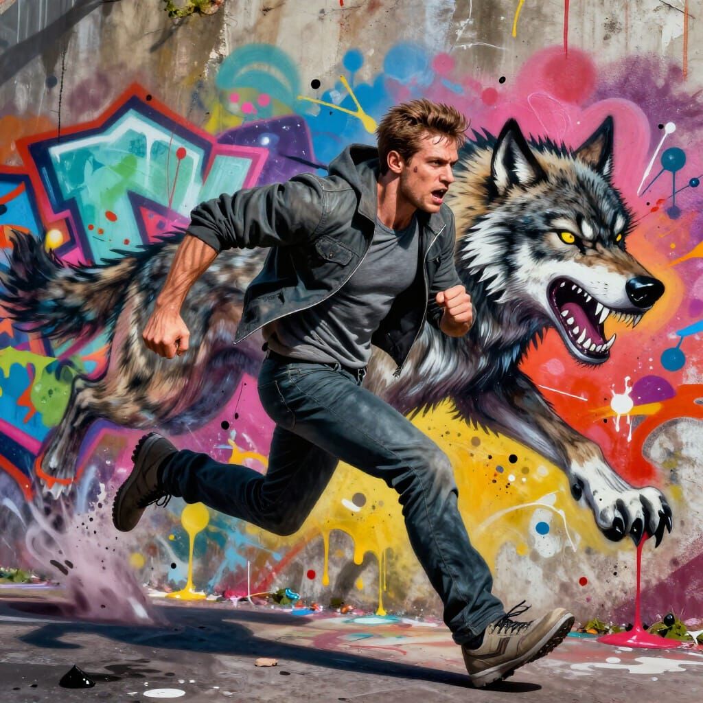 Man Running From Ferocious Werewolf in Graffiti Style