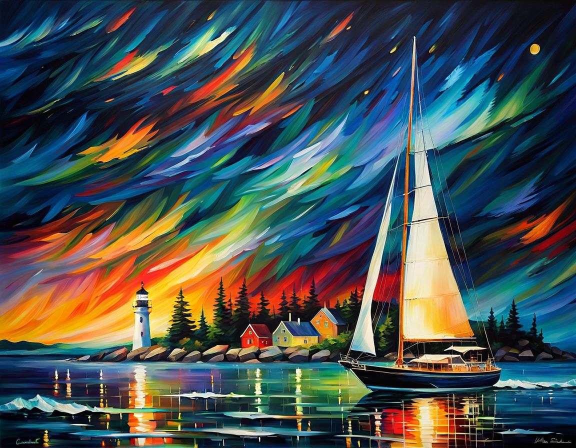 Sailboat at Night: Aurora Borealis Seascape