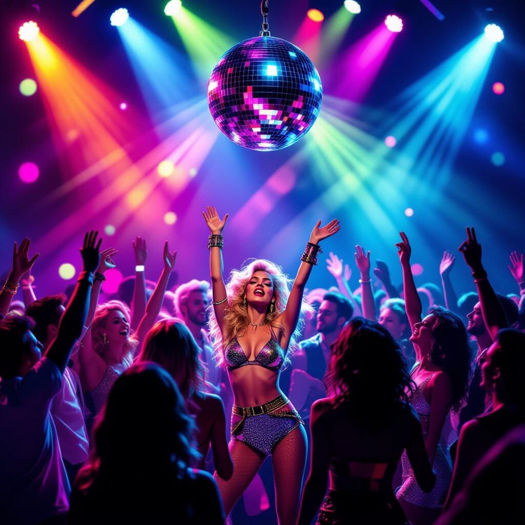 Energetic Disco Crowd Dancing Under Neon Lights