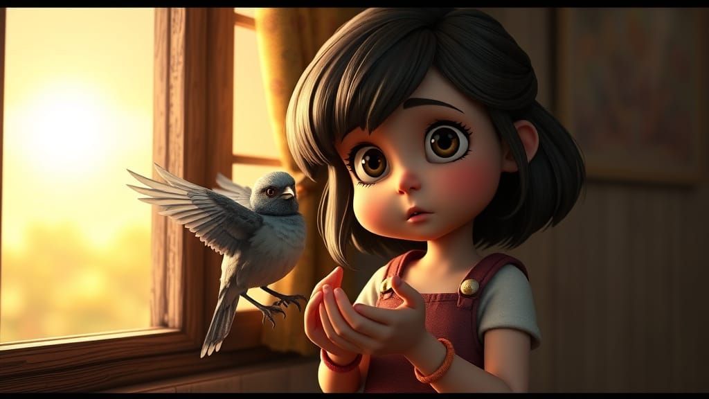 Girl's Charming Moment with a Captive Bird