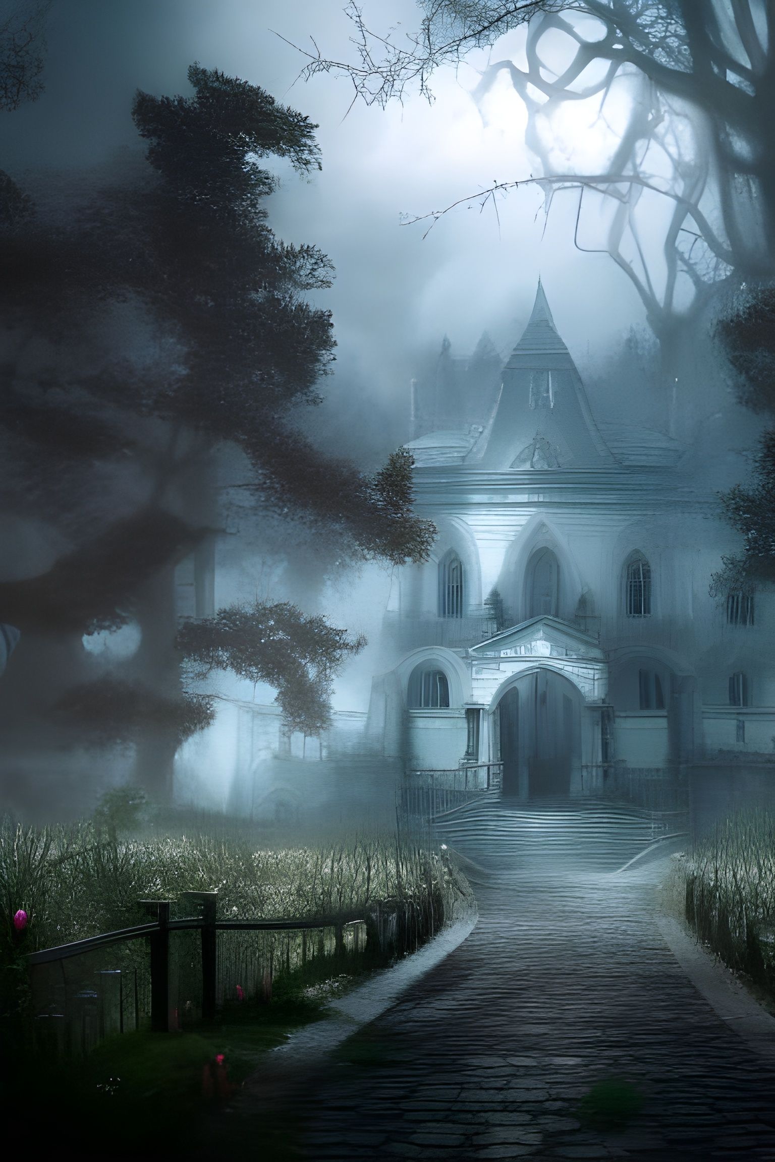 Eerie Haunted Villa in Storybook Watercolor Style