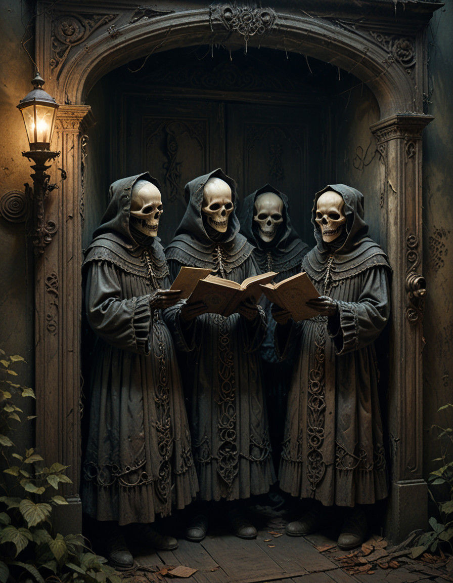 Haunting Victorian Carolers in Mysterious Doorway