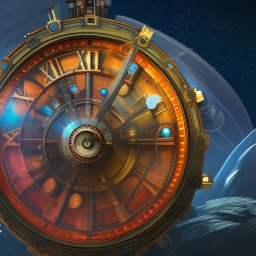 Mechanical Clock in Space: Detailed Digital Art