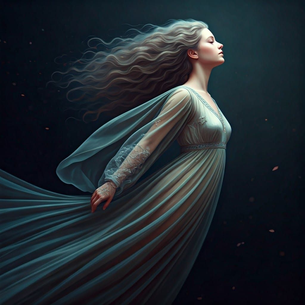 Ethereal Woman Drifting in Dreamlike Landscape