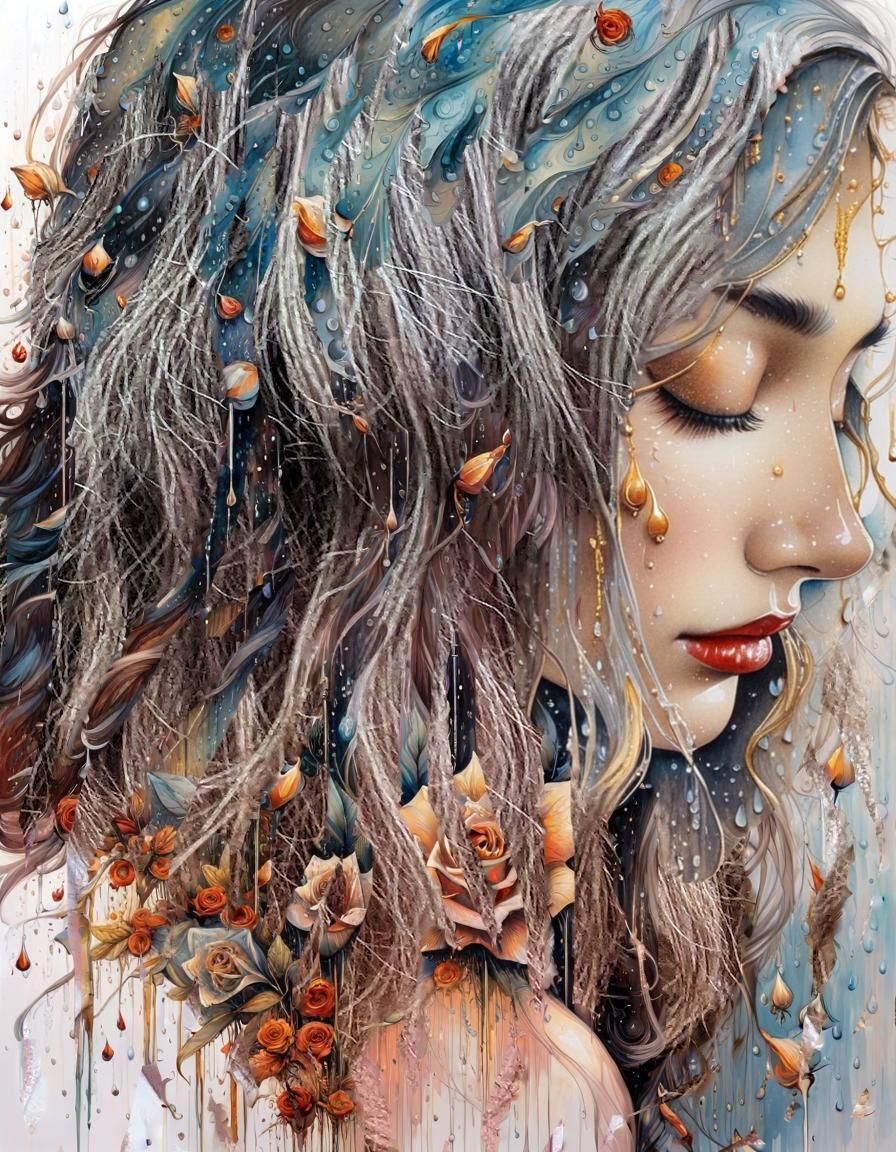 Rainy Day Portrait in Watercolor Kintsugi Style