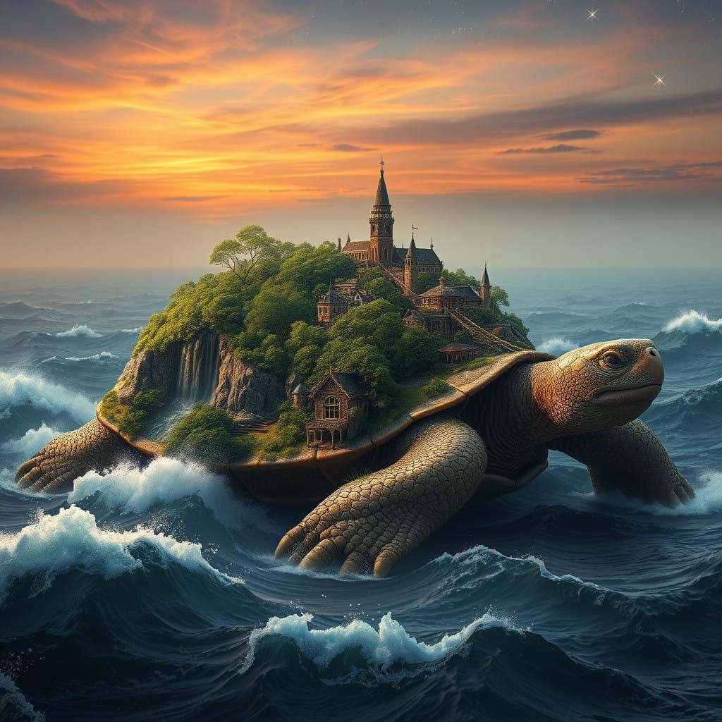 Gargantuan Tortoise Emerge from Ocean with Lush Forest and M...