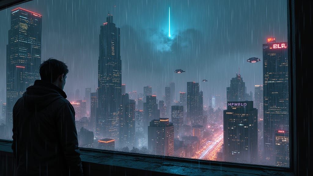 Cyberpunk Cityscape at Night, Rainy Window View