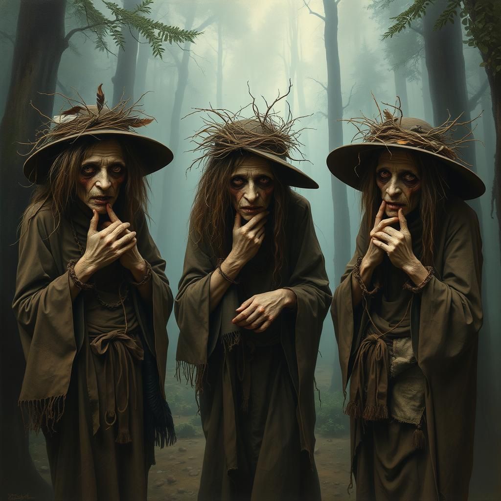 Eerie Witches in Misty Forest, Moody Atmospheric Oil Paintin...