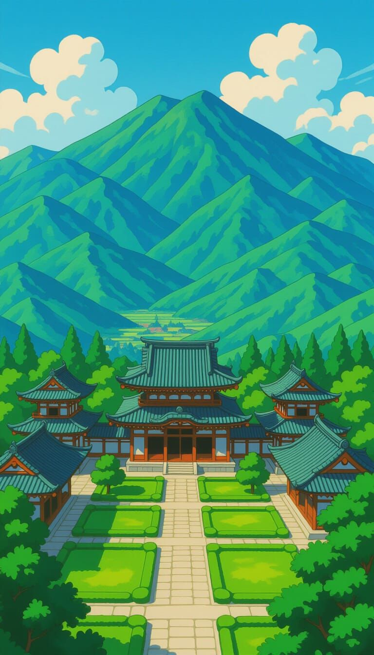 Ancient Japanese Countryside Temple in 80s Anime Style