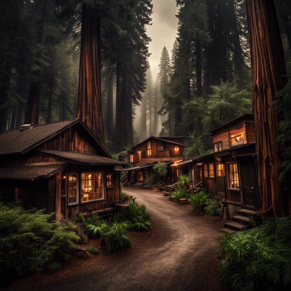 Hyperrealistic Mountain Town in Redwood Forest