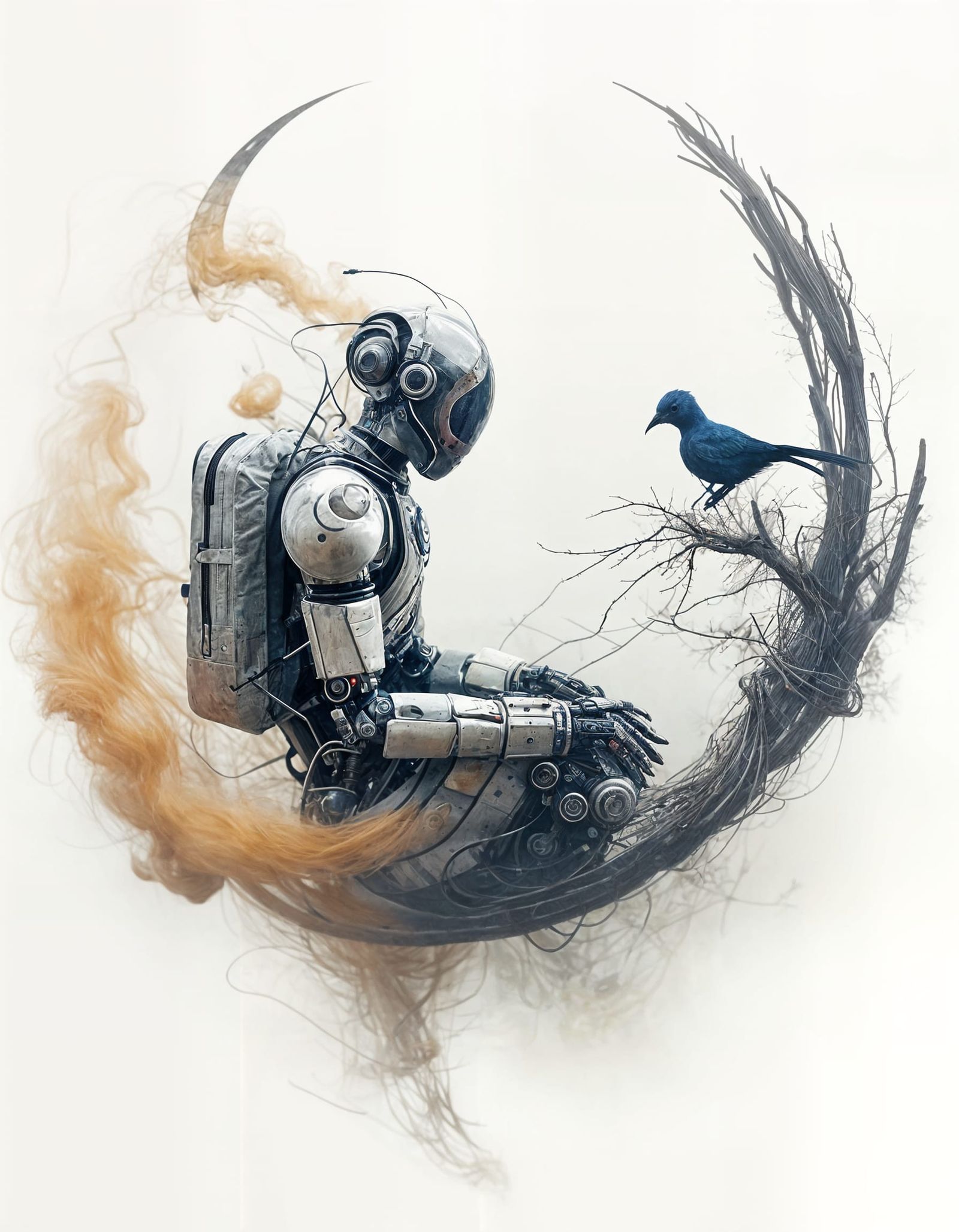 Robot Astronaut on Smoky Moon with Celestial Bird