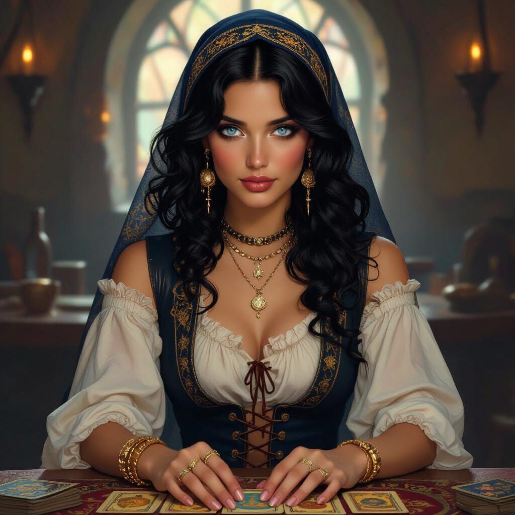 Mystical Woman Reading Tarot in Tavern, Art Nouveau Style