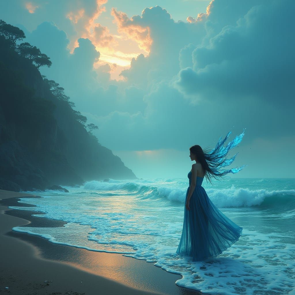 Mystical Woman on Shimmering Turquoise Beach