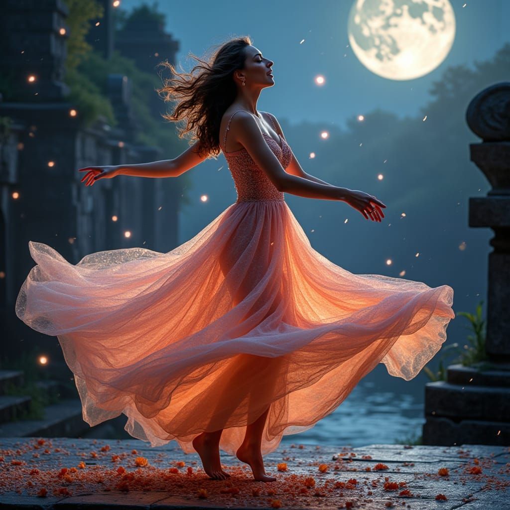 Woman Dancing in Iridescent Dress with Bioluminescent Thread...