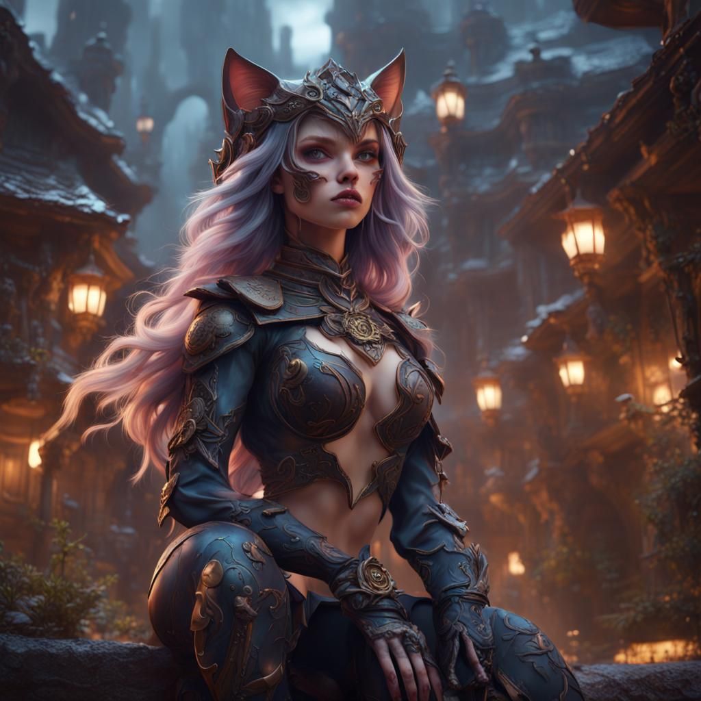 Detailed Matte Painting of a Fantastical Cat Girl