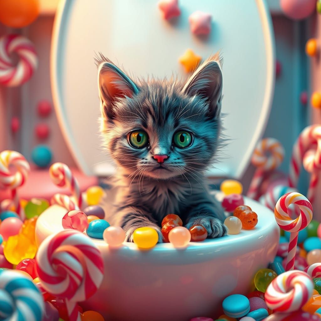 Surreal Whimsical Scene of a Kitten in a Candyland Toilet