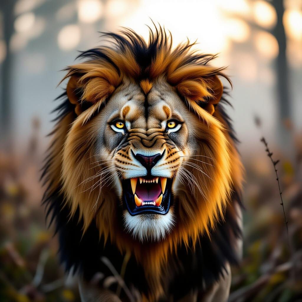 Dramatic Lion Portrait in Misty Forest