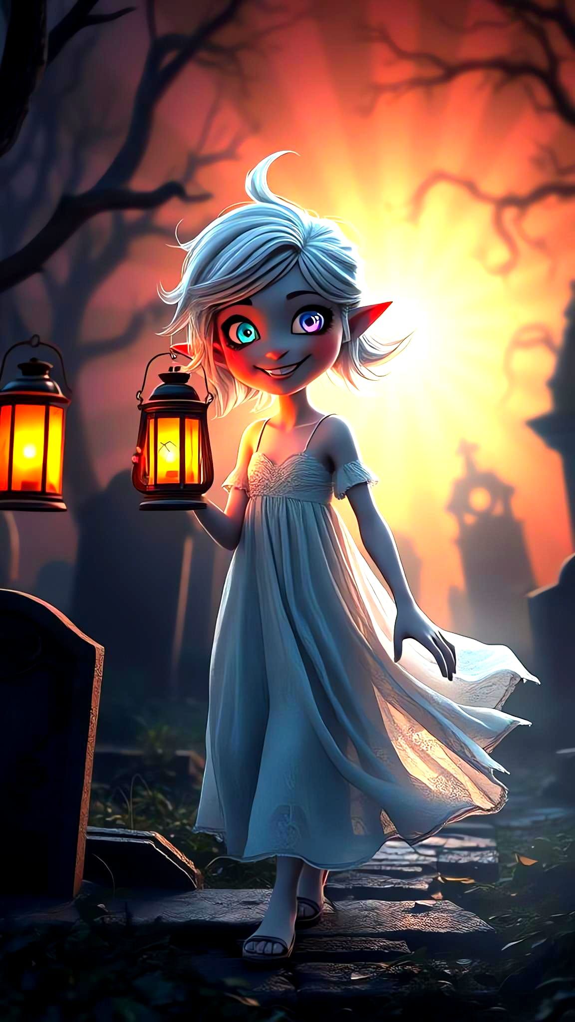 Cute and Scary Ghost Girl in Cemetery: Pixar Style
