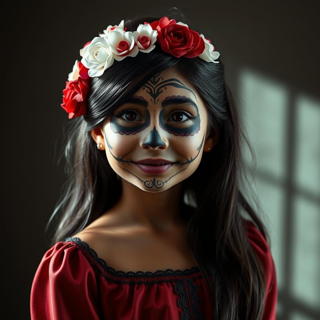Little Girl as Catrina with Elaborate Skull Makeup