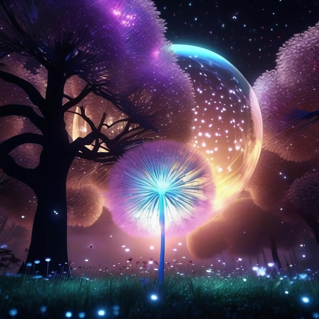 Giant Translucent Tree Holds Dandelion in Anime Style