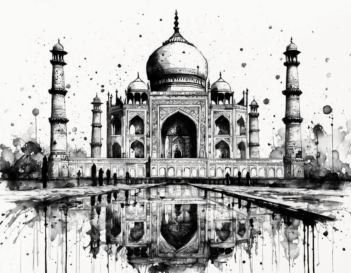 Taj Mahal Ink Drawing with Alcohol Ink Splash