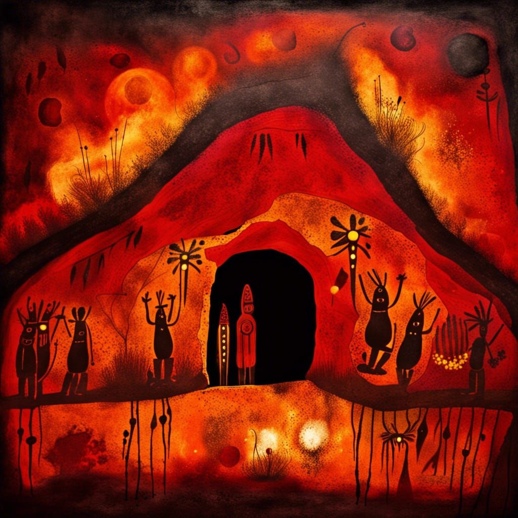 Aboriginal Cave Painting of Cabin in Red and Gold